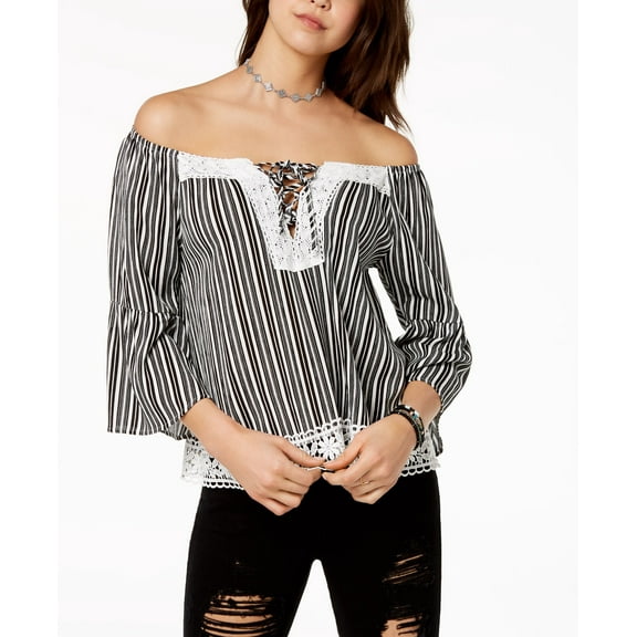 Crave Fame Juniors Crochet Off The Shoulder Top Black Stripe S