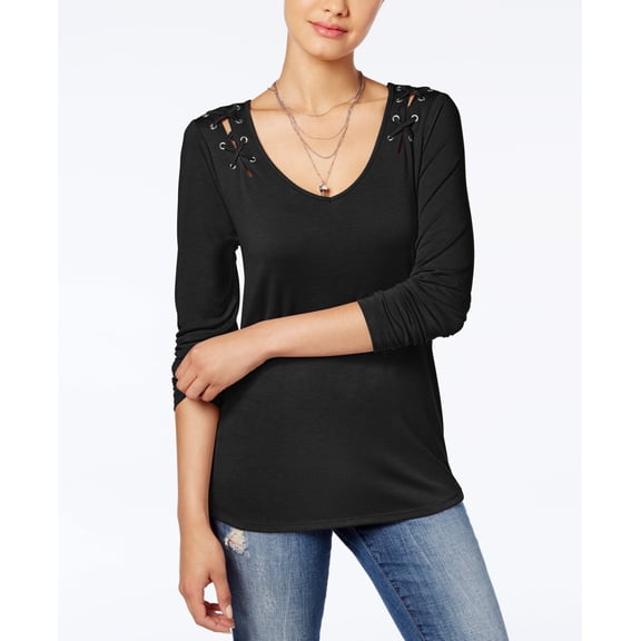 Crave Fame Juniors Lace Up Shoulder Top Black M