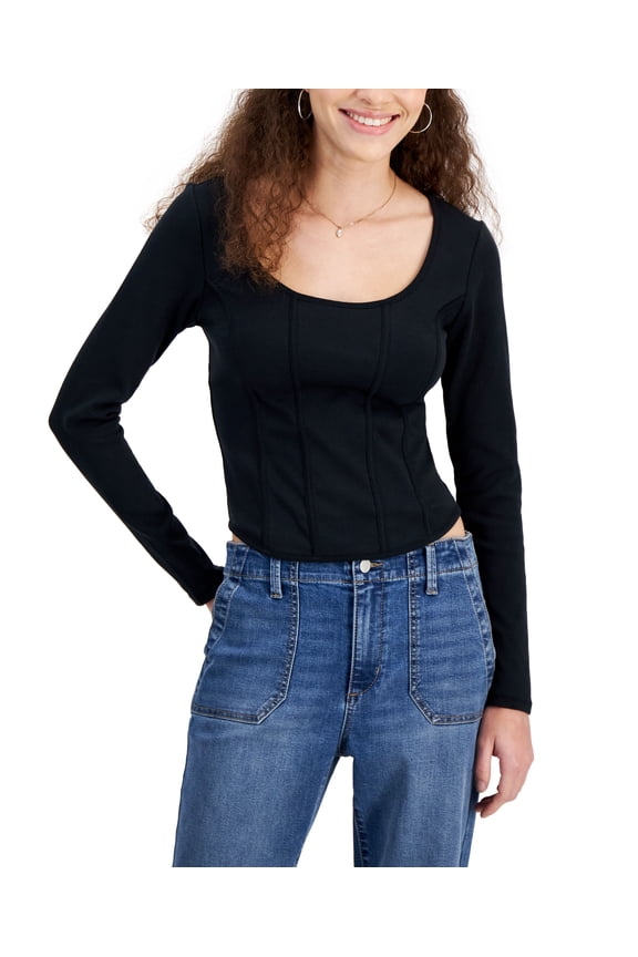 Juniors' Long-Sleeve Corset Knit Top Black XL