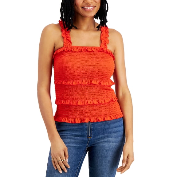 Crave Fame Juniors' Printed Tiered Smocked Tank Top Tropical Red XS