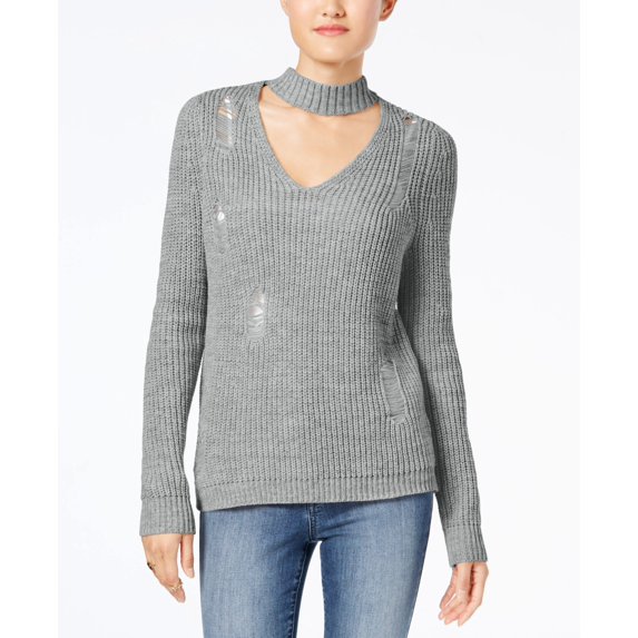 Crave Fame Juniors Ripped Choker Sweater By Almost Famous Heather Grey L