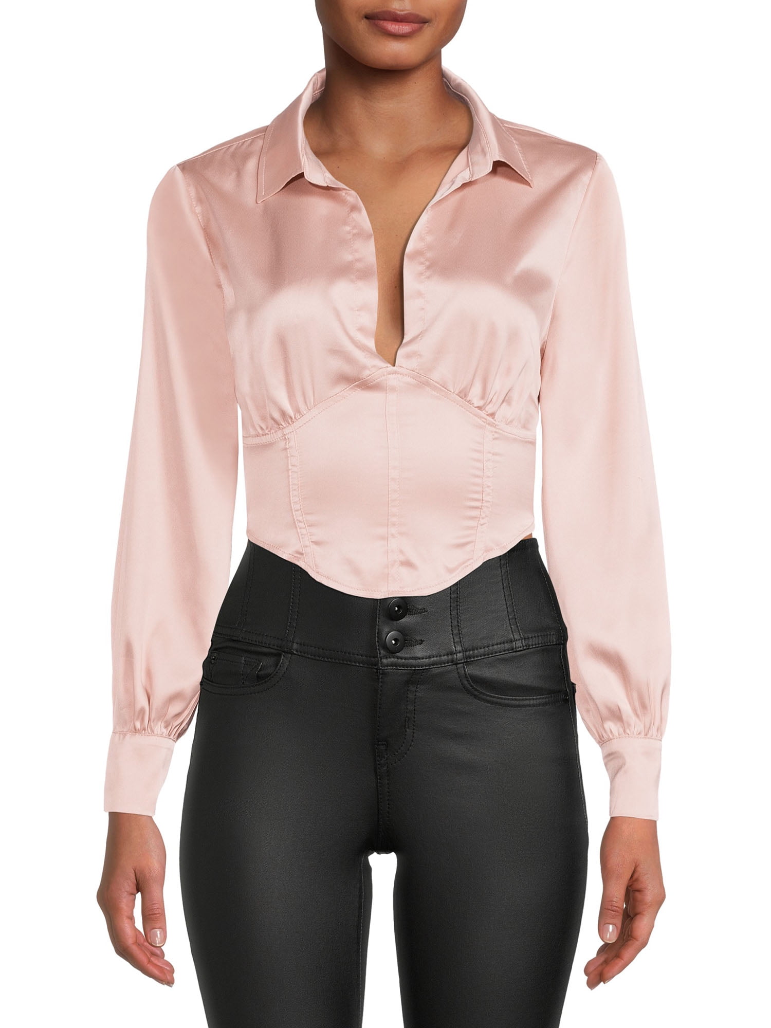 Crave Fame Women's Junior’ Long Sleeve Open Collared Corset Top