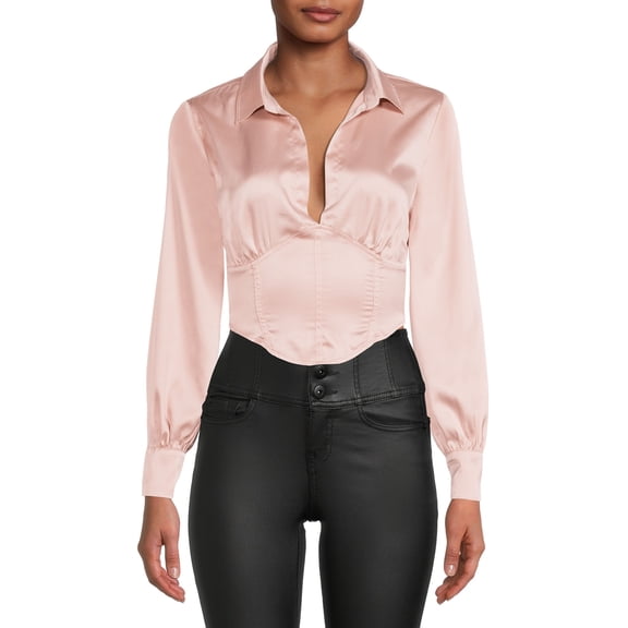 Crave Fame Women's Junior’ Long Sleeve Open Collared Corset Top