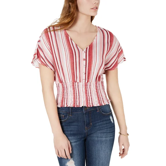 Crave Fame Women's Juniors' Batwing-Sleeve Crop Top (Large, Red Multi)