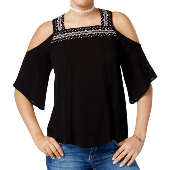 Crave Fame Womens Embroidered Cold-Shoulder Pullover Blouse, Black, Juniors, Medium
