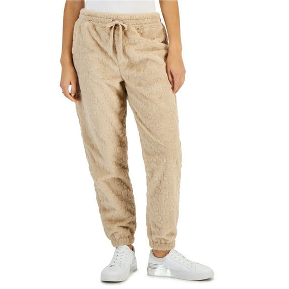 Crave Fame Womens Faux Fur Embossed Casual Jogger Pants, Beige, Juniors, Medium