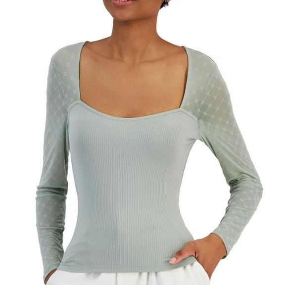 Crave Fame Womens Flocked Illusion Mesh Knit Blouse, Green, Medium