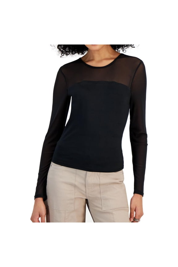 Womens Mesh Knit Blouse, Black, Juniors, Small