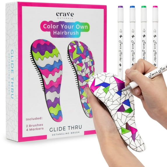 Crave Naturals Color Your Own Small Kids Hair Brush, 2pk - Kids Arts & Crafts, Mini Hair Brush, Small Brush, Toddler Brush, Detangler Brush - Activities for Kids 4-8, Crafts for Kids (Wavy/Mosaic)
