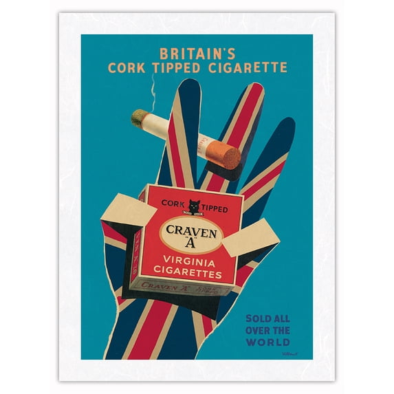 Craven “A” Virginia Cork Tipped Cigarettes - Vintage Advertising Poster by Bernard Villemot c.1951 - Japanese Unryu Rice Paper Art Print (Unframed) 18 x 24 in