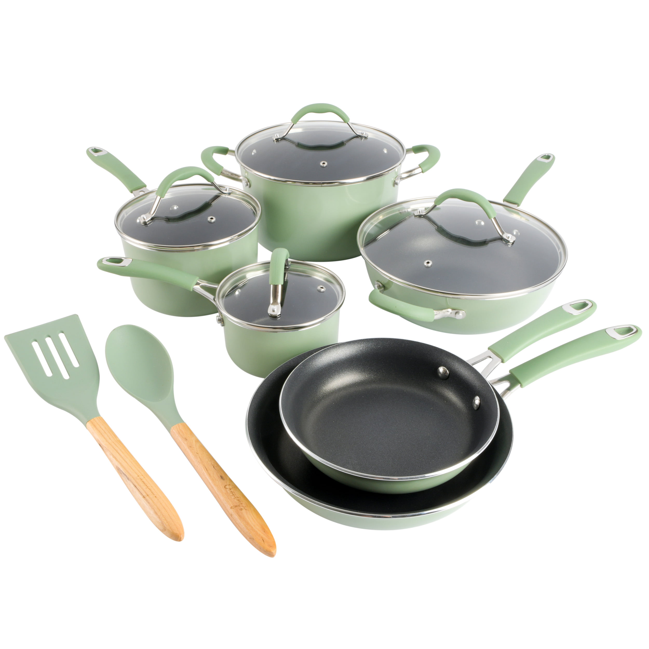 Cravings By Chrissy Teigen 12 Piece Nonstick Aluminum Cookware Set in  Pistachio with Silicone Handles