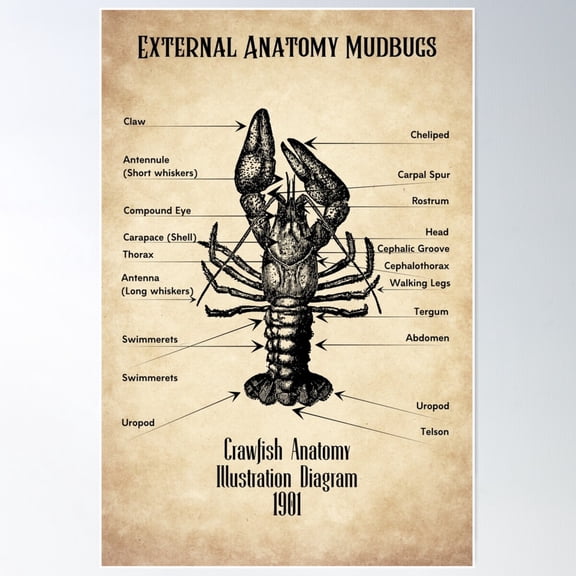 Crawfish Anatomy Diagram Poster Wall Art, Modern Wall Decor For Living Room Bedroom, 24x36 UNFRAMED