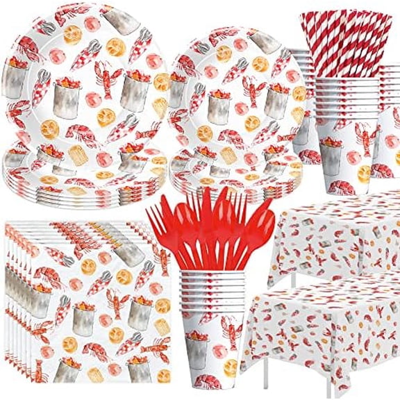 Crawfish Boil Party Supplies - Lobster Decorations Tableware, Plate, Cup, Napkin, Tablecloth, Cutlery - Crayfish Crab Seafood Shrimp Theme Party Supplies for Birthday | Serve 24
