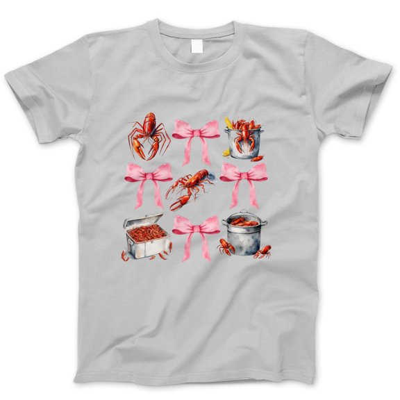 Crawfish Boil Season T-Shirt – Cute Crawfish and Pink Bow Graphic Tee, Southern Seafood Boil Shirt, Summer Party Casual Top for Women