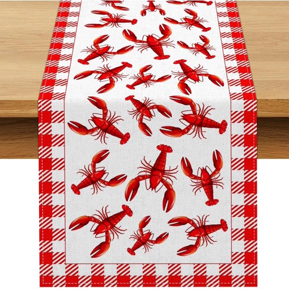 Crawfish Boil Table Runner Lobster Seafood Boil Themed Buffalo Plaid Check Birthday Kitchen Dining Home Decoration (13" x 90", Red and White)