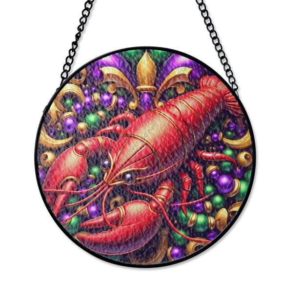 Crawfish On Bed Of Mardi Gras Beads Stained Glass Style Suncatcher, UV Printed Glass Festive Home Decor, Round
