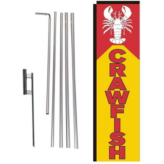 Crawfish Seafood Rectangle Feather Banner Flag Sign with Pole Kit and Ground Spike for Restaurants, Markets, Business Owners
