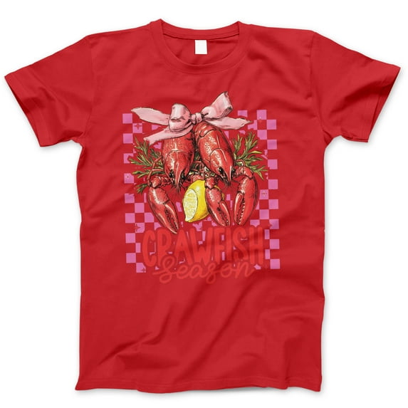 Crawfish Season T-Shirt – Cute Seafood Boil Graphic Tee with Red Crawfish, Pink Bow, and Lemon, Fun Southern Foodie Shirt for Women