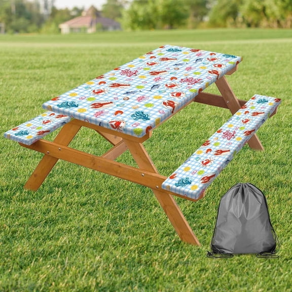 Crawfish Summer Picnic Table Cover with Bench Covers, Ocean RV Essentials Waterproof Windproof Camping Tablecloth with Drawstring Bag, for Indoor & Outdoor, Garden, Camping,Blue, 72in