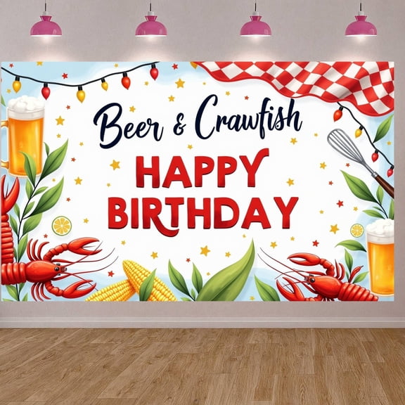 Crawfish Theme Beer & Crawfish Banner Beer Happy Birthday Display Corn Decoration Lemon Accent Seafood Party Backdrop for Birthday Party Seafood Feast Beer Tasting Event