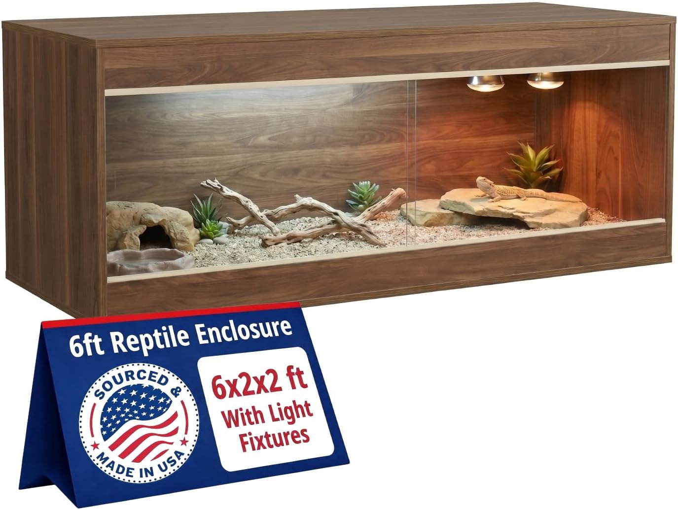 Crawl Creations 180 Gallon Reptile Enclosure, Made in USA 72" x 24" x 24" Bearded Dragon Tank with Sliding Glass Doors, Large Terrarium for Geckos, Snakes, Lizards & Tortoises - California Walnut