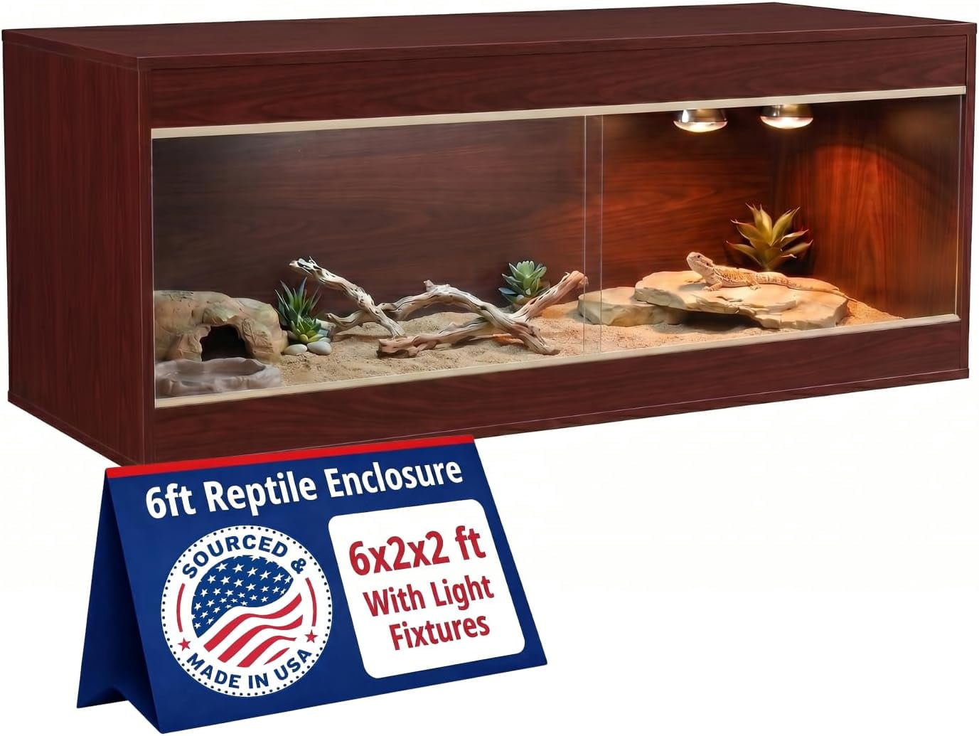 Crawl Creations 180 Gallon Reptile Enclosure, Made in USA 72" x 24" x 24" Bearded Dragon Tank with Sliding Glass Doors, Large Terrarium for Leopard Geckos, Snakes, Lizards & Tortoises - Mahogany