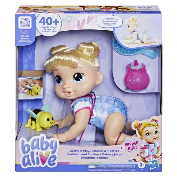 Baby Alive Crawl 'n MMF7 Play Harper Hugs Electronic Crawling Baby Doll Set, Blonde Hair, Kids Toys for Girls & Boys 3 Years & Up, 10.75 Inches