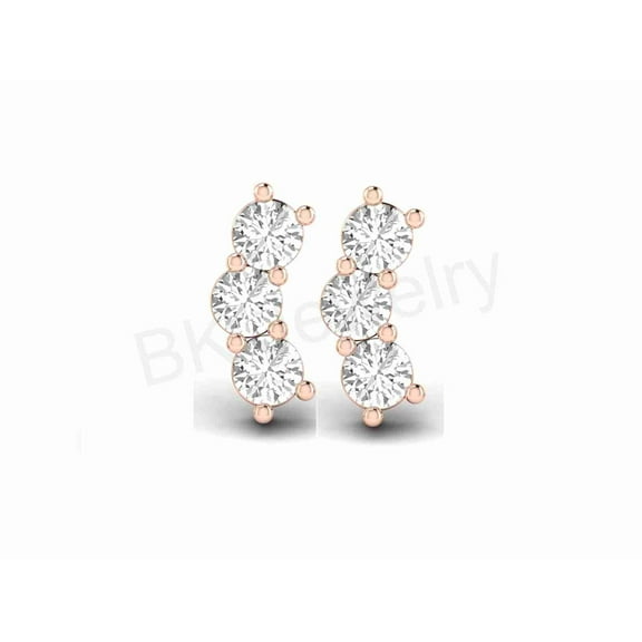 Crawler Stud Earrings 14K Rose Gold Plated 925 Sterling Silver Hypoallergenic White Round Diamond Gift For Women