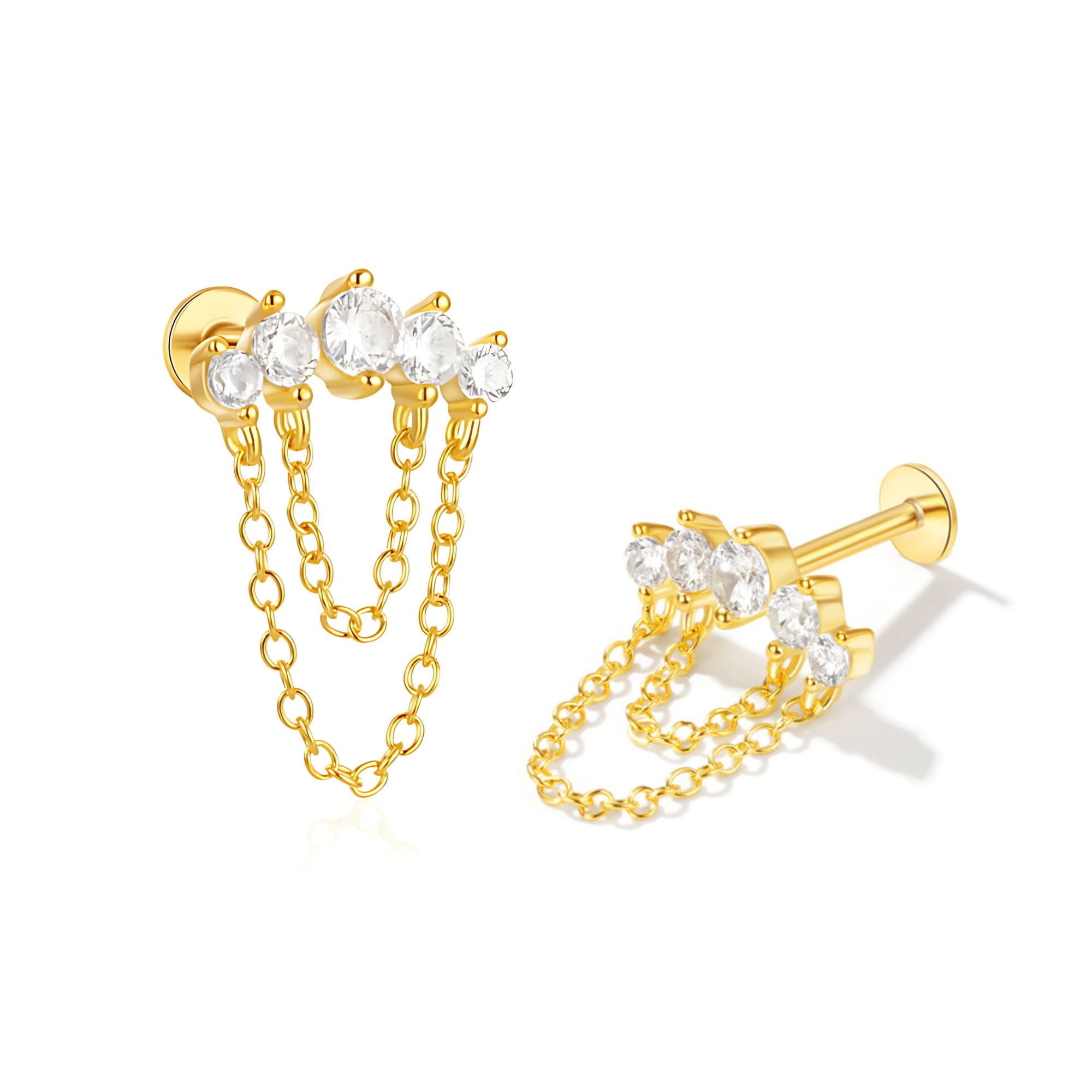 Crawler with Chains CZ Flat Back Earrings 16g Cartilage Helix Tragus Lobe Sterling Silver 1 pair by Ginger Lyne
