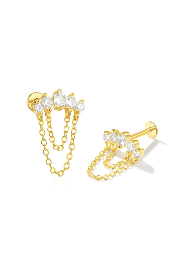 Crawler with Chains CZ Flat Back Earrings 16g Cartilage Helix Tragus Lobe Sterling Silver 1 pair by Ginger Lyne