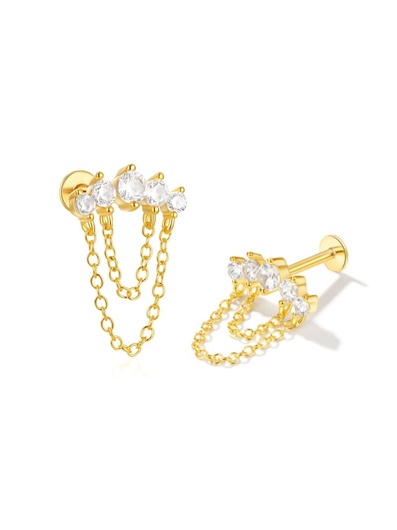 Crawler with Chains CZ Flat Back Earrings 16g Cartilage Helix Tragus Lobe Sterling Silver 1 pair by Ginger Lyne