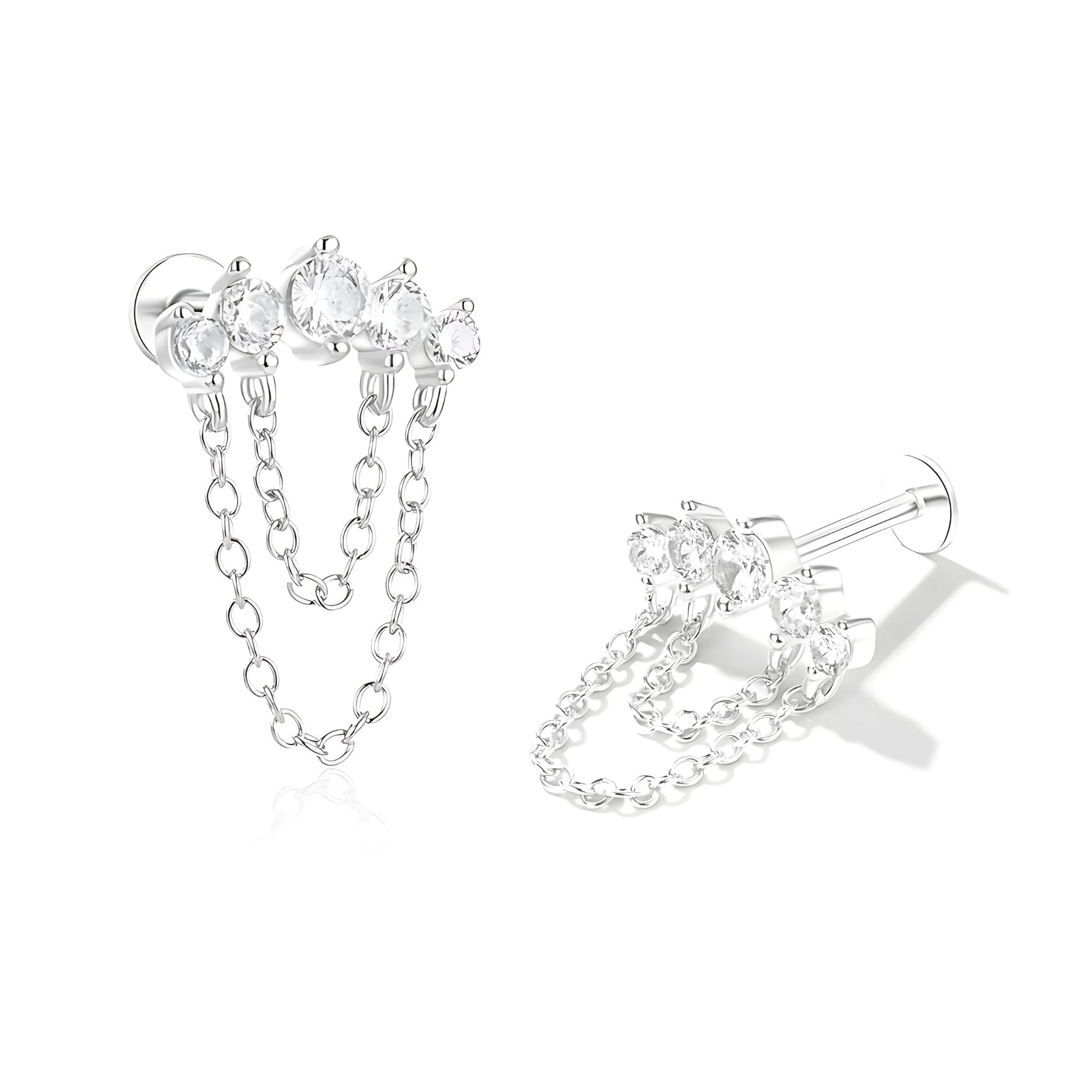 Crawler with Chains CZ Flat Back Earrings 16g Cartilage Helix Tragus Lobe Sterling Silver 1 pair by Ginger Lyne