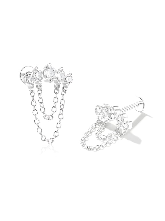 Crawler with Chains CZ Flat Back Earrings 16g Cartilage Helix Tragus Lobe Sterling Silver 1 pair by Ginger Lyne