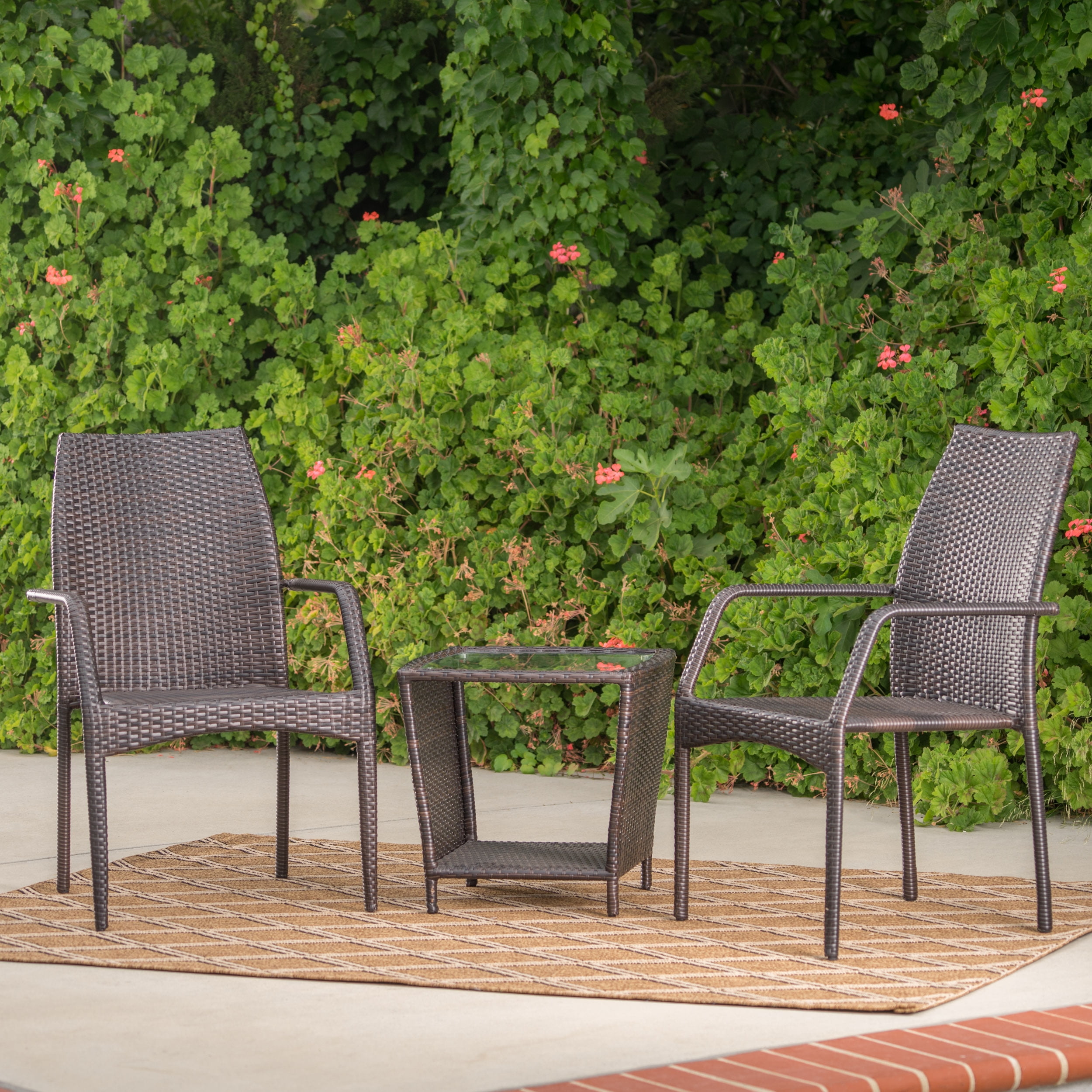 Crawley Outdoor 3 Piece Wicker Stacking Chair Chat Set, Multibrown