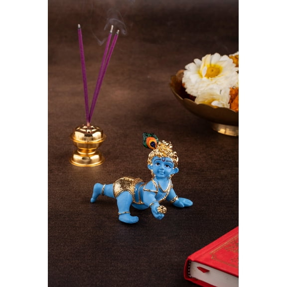 Crawling Baby Krishna Idol in Blue & Gold - 3 Inches