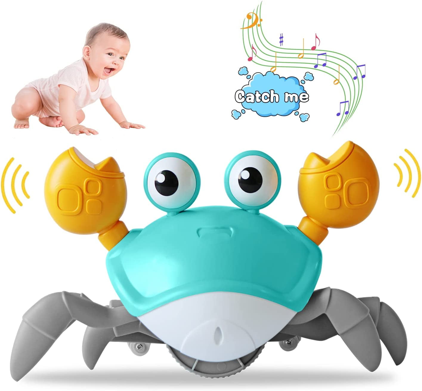 Crawling Crab Baby Toys with Music and LED Light for Kids Toddles - Interactive Infrared Induction RC Toys with Automatically Avoid Obstacles - USB Rechargeable Electronics Toys for Boy and Girl Gift