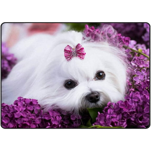 Crawling Indoor Carpet Play Mat White Dog Lilac Flowers for Living Room Bedroom Educational Nursery Floor Mat Area Rug 63x48inch Carpet Runner