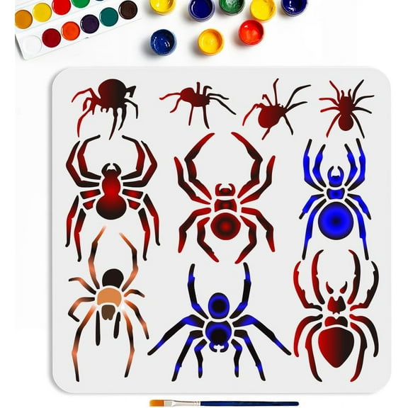 Crawling Spider Painting Template 11.8x11.8inchs Reusable Spider Insect Bug Stencil Different Size Spider Pattern PET Hollow Out Drawing for Painting Wall Home Decor for DIY