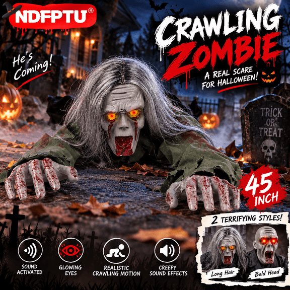 Crawling Zombie Animatronic Halloween Decoration, Sound Activated Electric Zombie Crawler with Glowing Red Eyes Moving Arms Creepy Sounds for Haunted House Porch Party Indoor Outdoor
