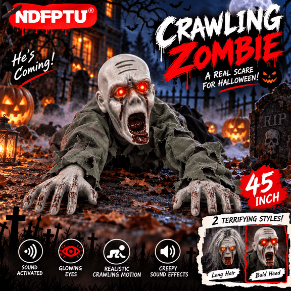 Crawling Zombie Animatronic Halloween Decoration, Sound Activated Electric Zombie Crawler with Glowing Red Eyes Moving Arms Creepy Sounds for Haunted House Porch Party Indoor Outdoor