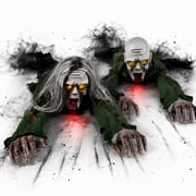 Crawling Zombie Animatronic with Light-Up Eyes, Halloween Decoration Motorized Creeping Zombie with Long Gray Hair & Tattered Clothes for Haunted House, Porch, Party & Spooky Home Decor