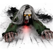Crawling Zombie Animatronic, Moving Arms, Red Glowing Eyes & Scary Sounds for Haunted House, Hallway & Party & Spooky Home Decor Motorized Creeping Zombie