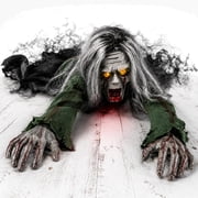 Crawling Zombie Animatronic with Red Light-Up Eyes, Halloween Decor, Sound-Activated Creeping Motion, Moving Arms, Long Gray Hair and Tattered Clothes for Haunted Houses, Porches and Parties