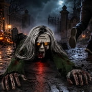 Crawling Zombie Animatronic Halloween Decoration, Sound Activated Prop with Light Up Red LED Eyes