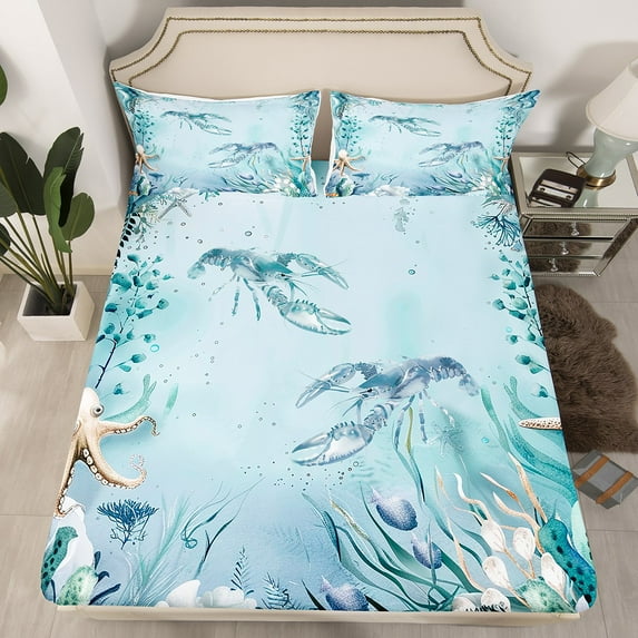 Crayfish Fitted Sheet Teal Blue Ocean Beach Coastal Queen Bed Sheets,Starfish Octopus Tentacles Sheets Underwater Creature Coral Bedding Set,Kawaii Lobster Room Decor(No Top Sheet)