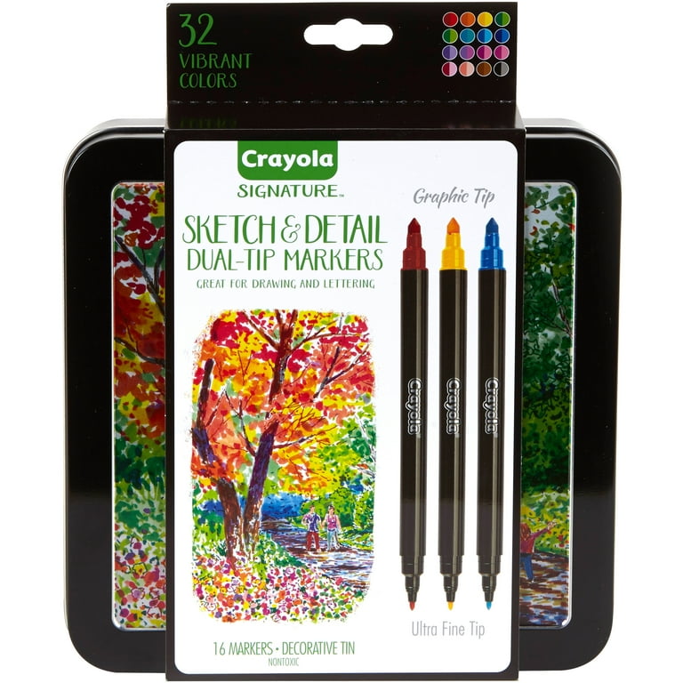 Crayola Signature Brush & Detail Dual-Tip Markers, School Supplies,  Decorative Tin, Child, 16 Count 