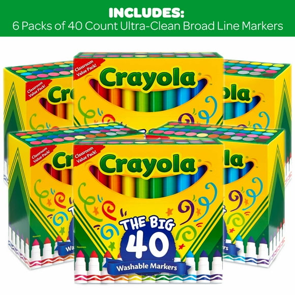 Crayola 40CT Classic Broad Line Washable Markers, Bulk Case of 6 Boxes, 240 Pieces, School Supplies