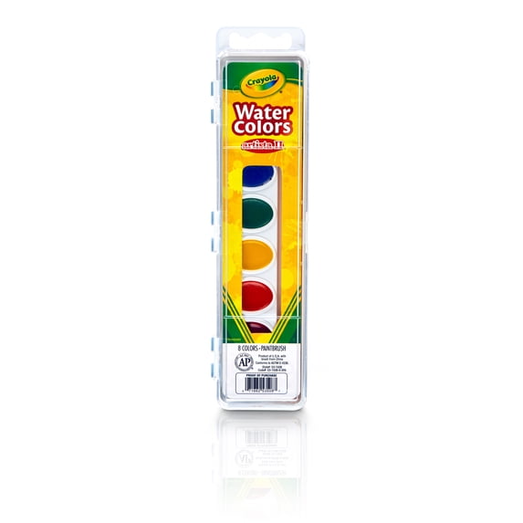 Crayola Artista Semi-Moist Oval Pans Watercolor Set with Brush, 8 Colors