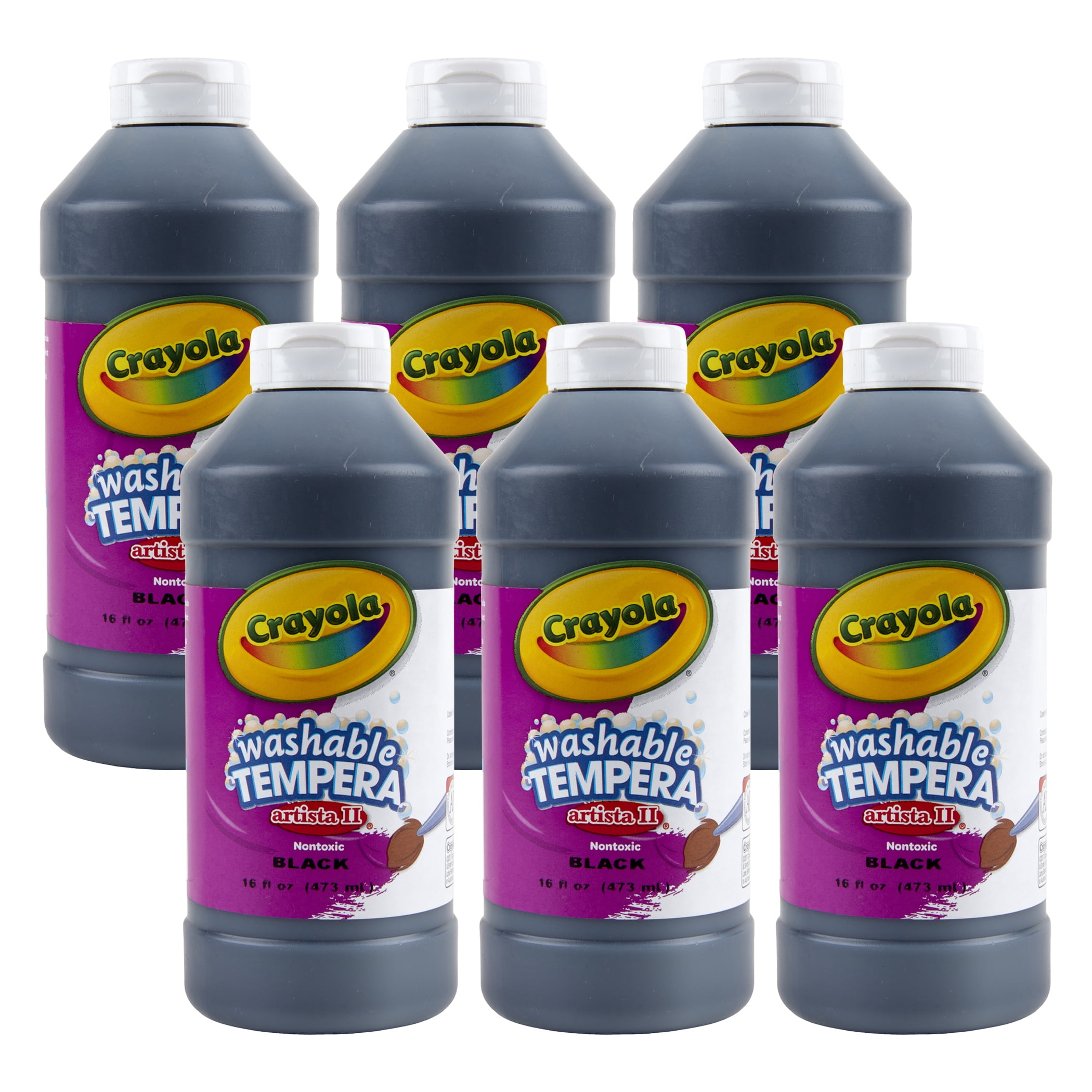 Crayola Artista II Washable Liquid Tempera Paint, Black, 16 oz. Bottles, Pack of 6
