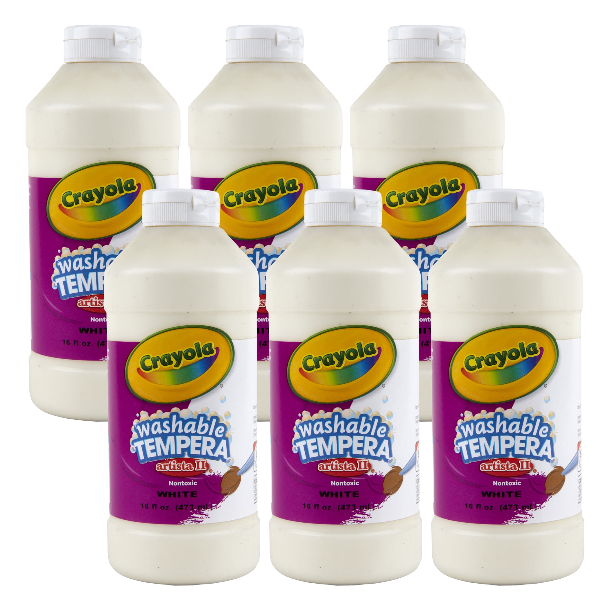 Crayola Artista II Washable Liquid Tempera Paint, White, 16 oz. Bottles, Pack of 6